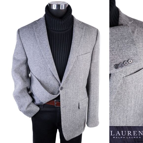 vSport Coat Men 44R Wool Herringbone Tweed Black Label Jacket